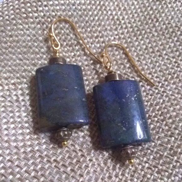 Minimalist! Night Sky + Stars! Deep Blue Speckled Jasper Earrings - Picture 5 of 6
